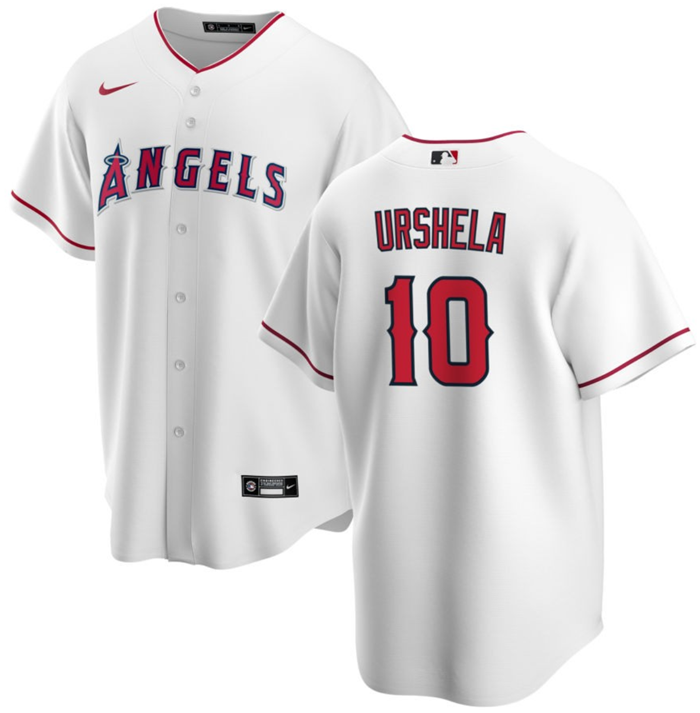 Men's Los Angeles Angels #10 Gio Urshela White Cool Base Stitched Jersey